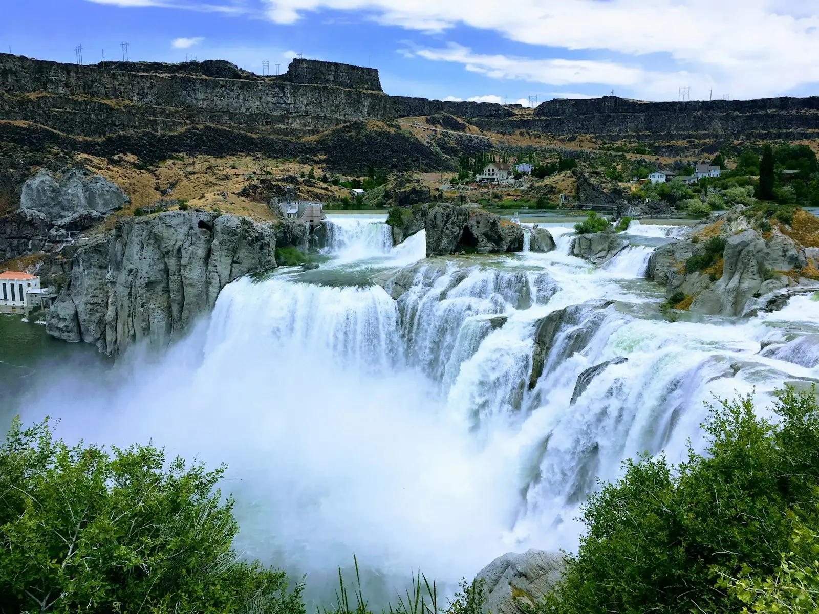 Aerial view of Shoshone Falls cascading through the Snake River canyon in Idaho.