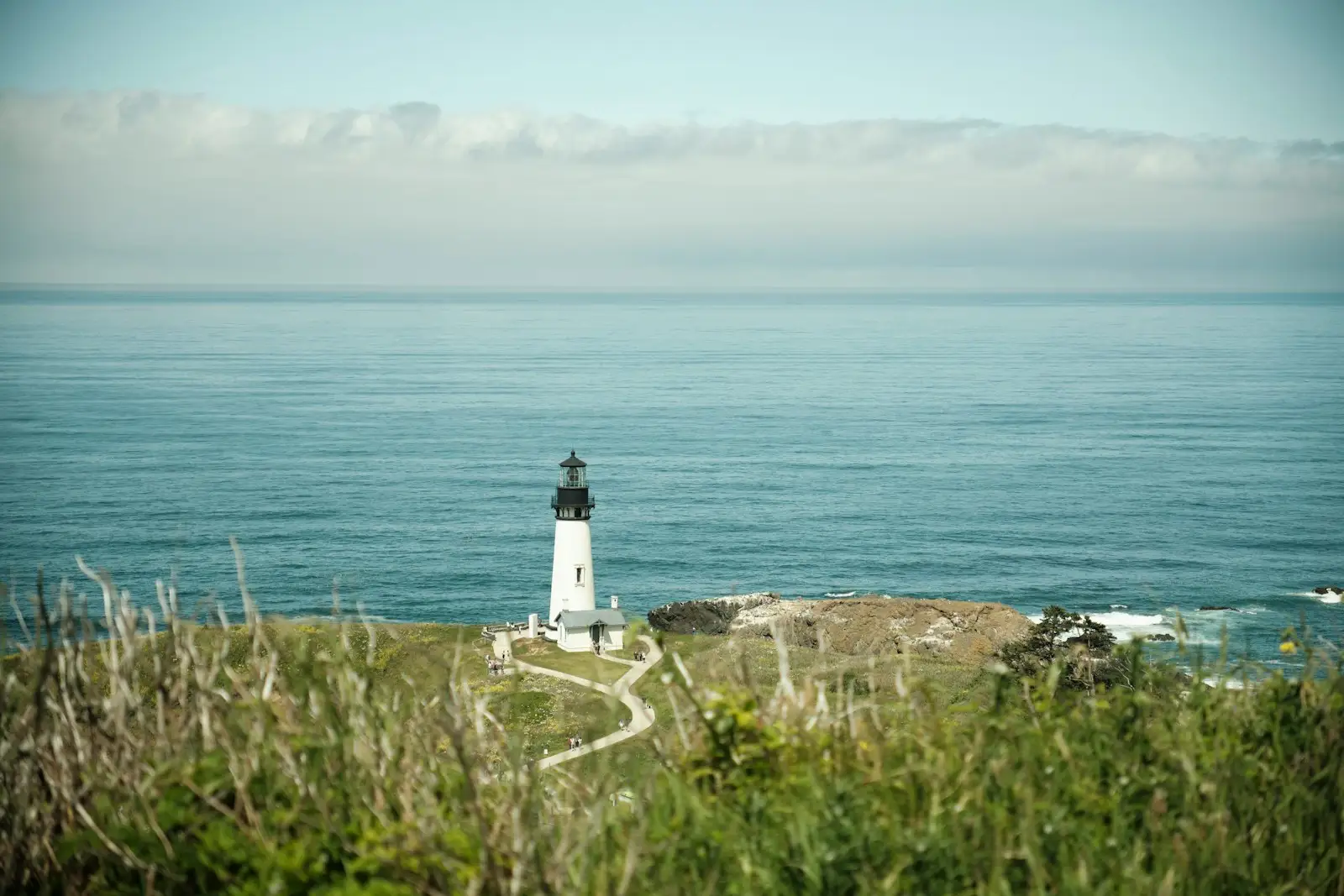 A lighthouse on a green hillside above the coast at Newport, Oregon.