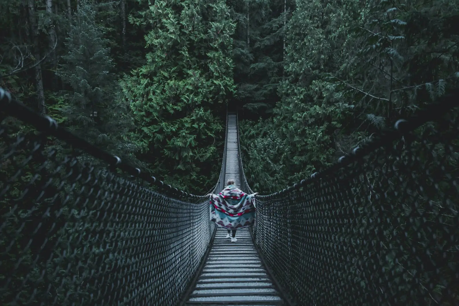 A hiker crossing the Lynn Canyon Suspension Bridge through old-growth forest in North Vancouver, British Columbia.