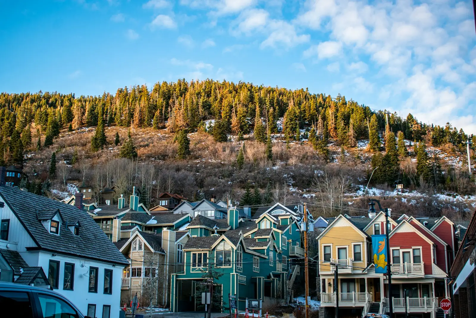 A green-and-brown mountain house surrounded by trees under a blue sky in Park City, Utah.