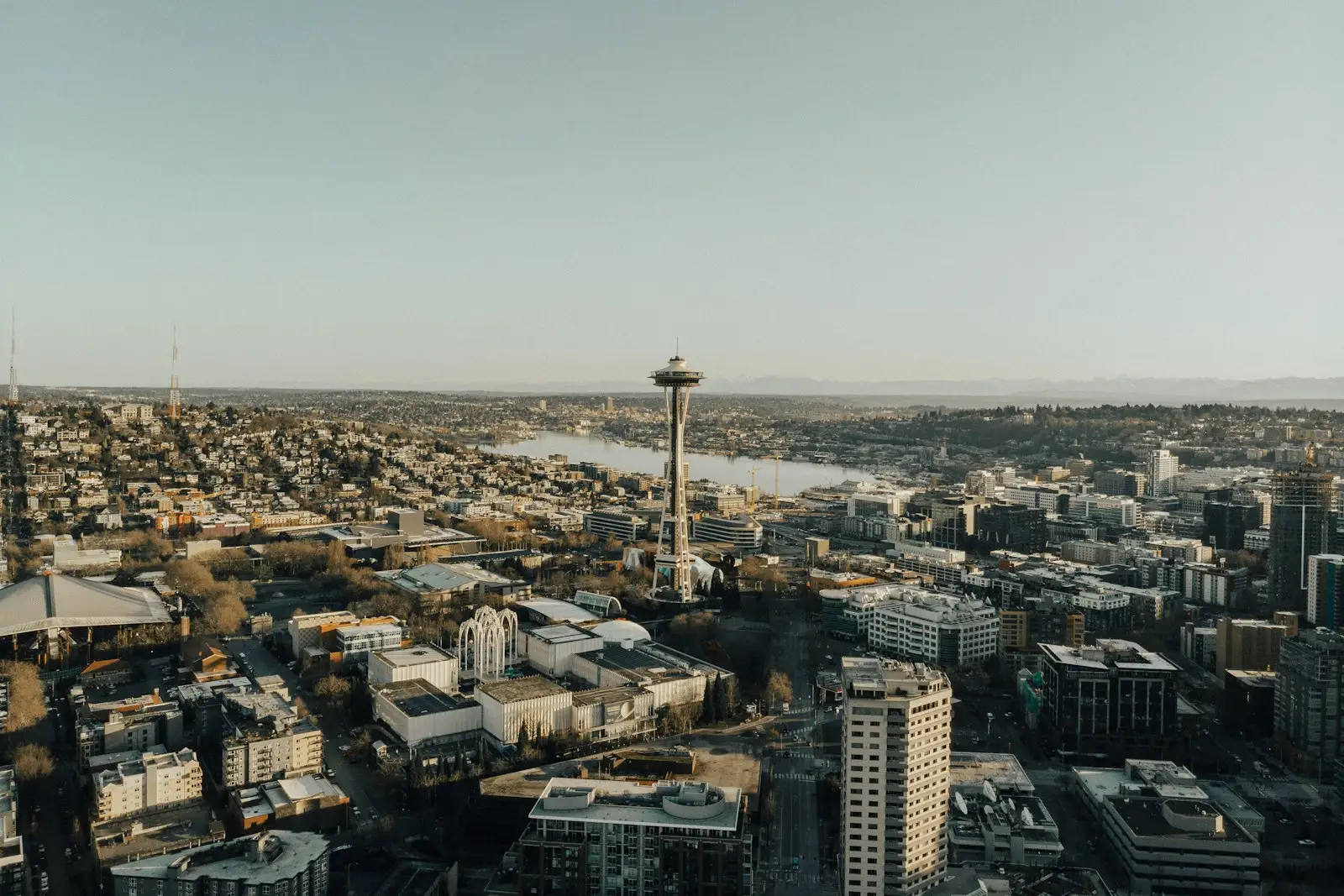 Aerial view of the Space Needle and South Lake Union area in Seattle, Washington.